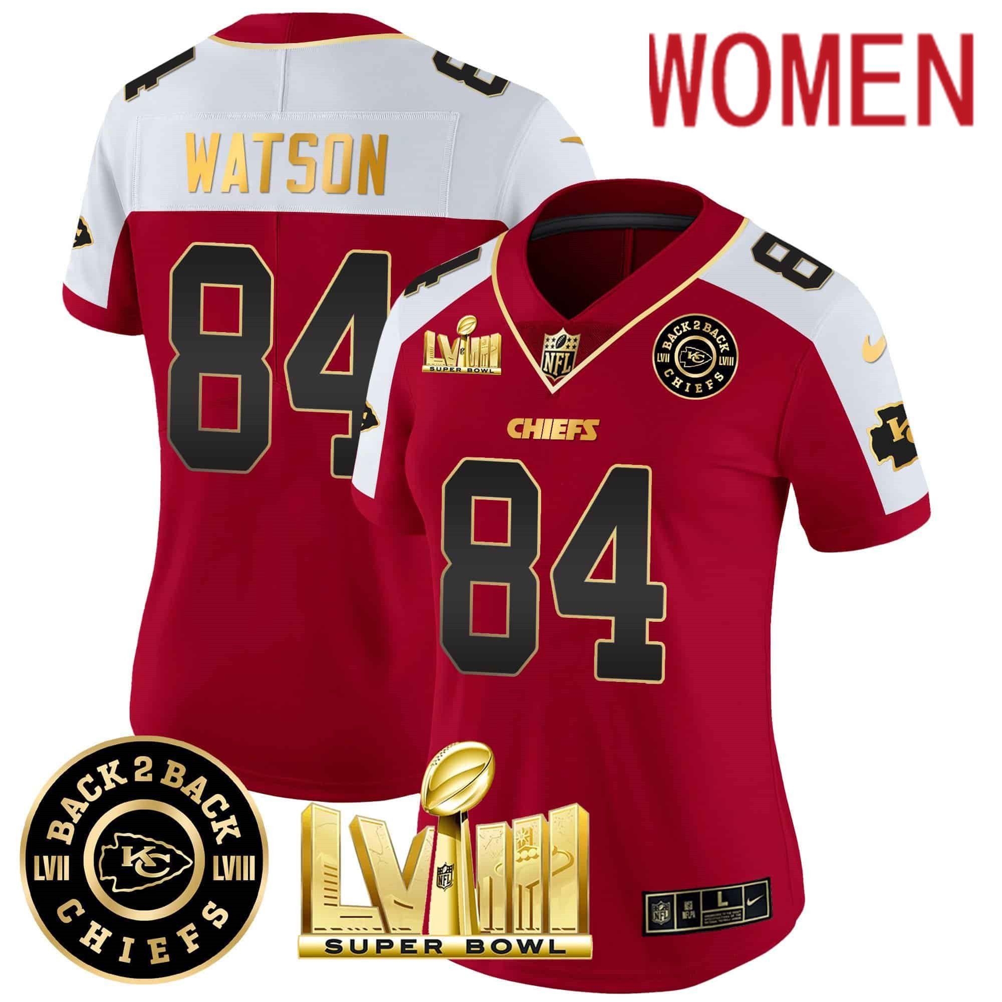 Women Kansas City Chiefs #84 Watson Red 2024 Nike Super Bowl LVIII & Back-2-Back Patch Vapor NFL Jersey